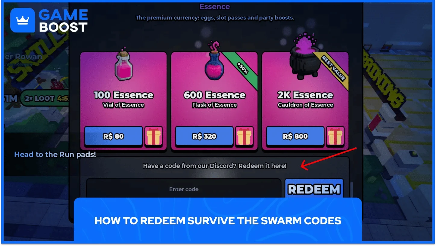 Tela da loja de Survive the Swarm mostrando o campo Enter code e o botão Redeem