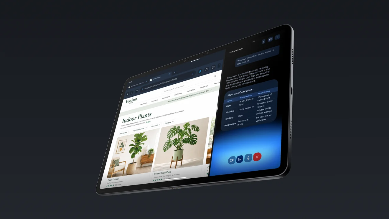 Amazon Alexa Tablet exibindo navegador e assistente Alexa Plus com análise de informações na tela