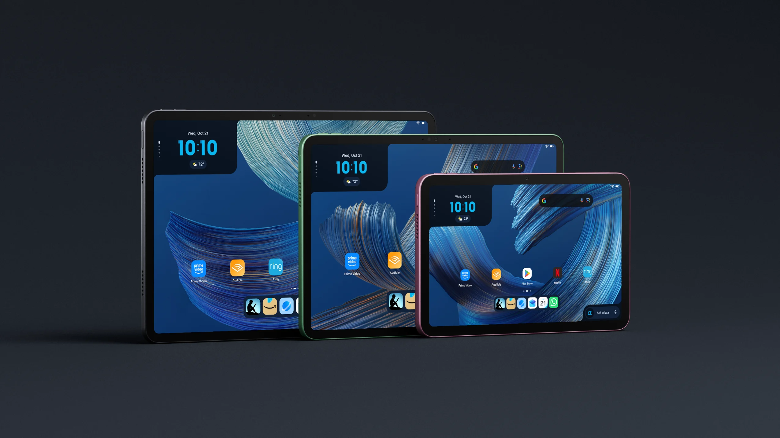 Amazon Alexa Tablets 12 Pro, 11 e 8 apresentados lado a lado com telas ligadas