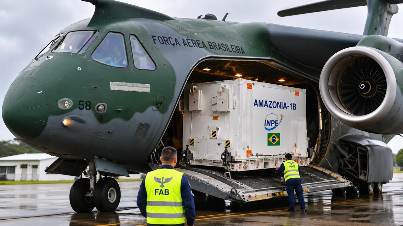 Imagem ilustrativa gerada por inteligência artificial mostra uma representação do transporte do satélite Amazônia 1B em uma aeronave da Força Aérea Brasileira. A cena é fictícia e não reproduz fielmente os equipamentos reais nem a operação de transporte.