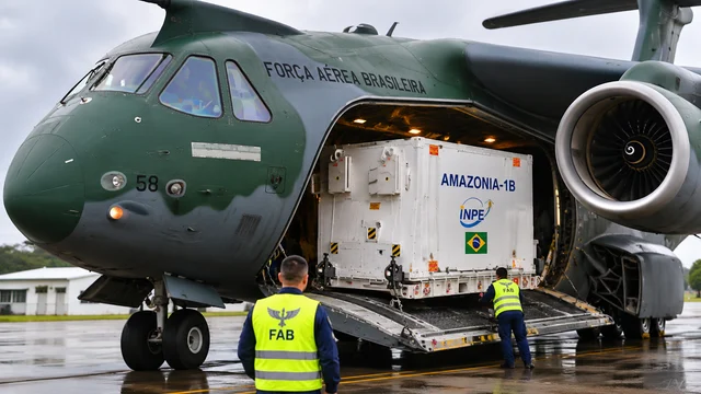 Imagem ilustrativa gerada por inteligência artificial mostra uma representação do transporte do satélite Amazônia 1B em uma aeronave da Força Aérea Brasileira. A cena é fictícia e não reproduz fielmente os equipamentos reais nem a operação de transporte.