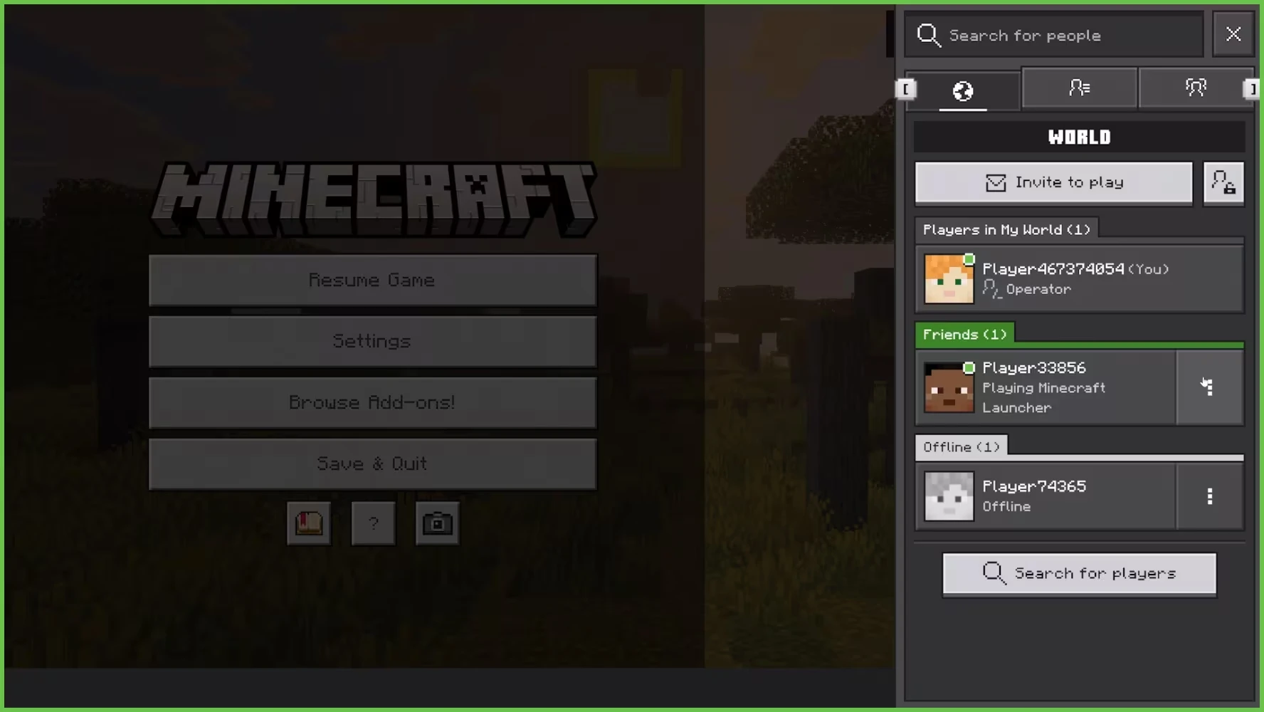 Menu oficial de Minecraft com a lista de amigos na lateral