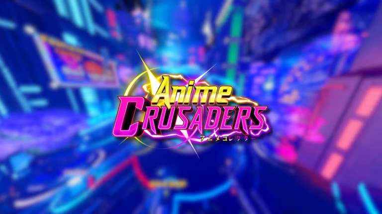 Logo de Anime Crusaders sobre cenário colorido do jogo no Roblox