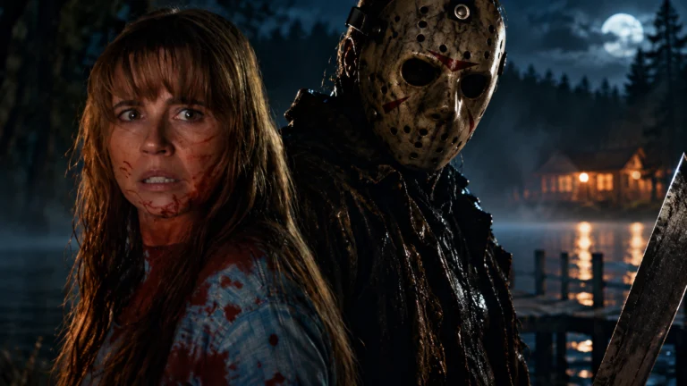 Montagem com Pamela Voorhees à esquerda e Jason usando máscara de hóquei à direita, diante de uma mata escura.