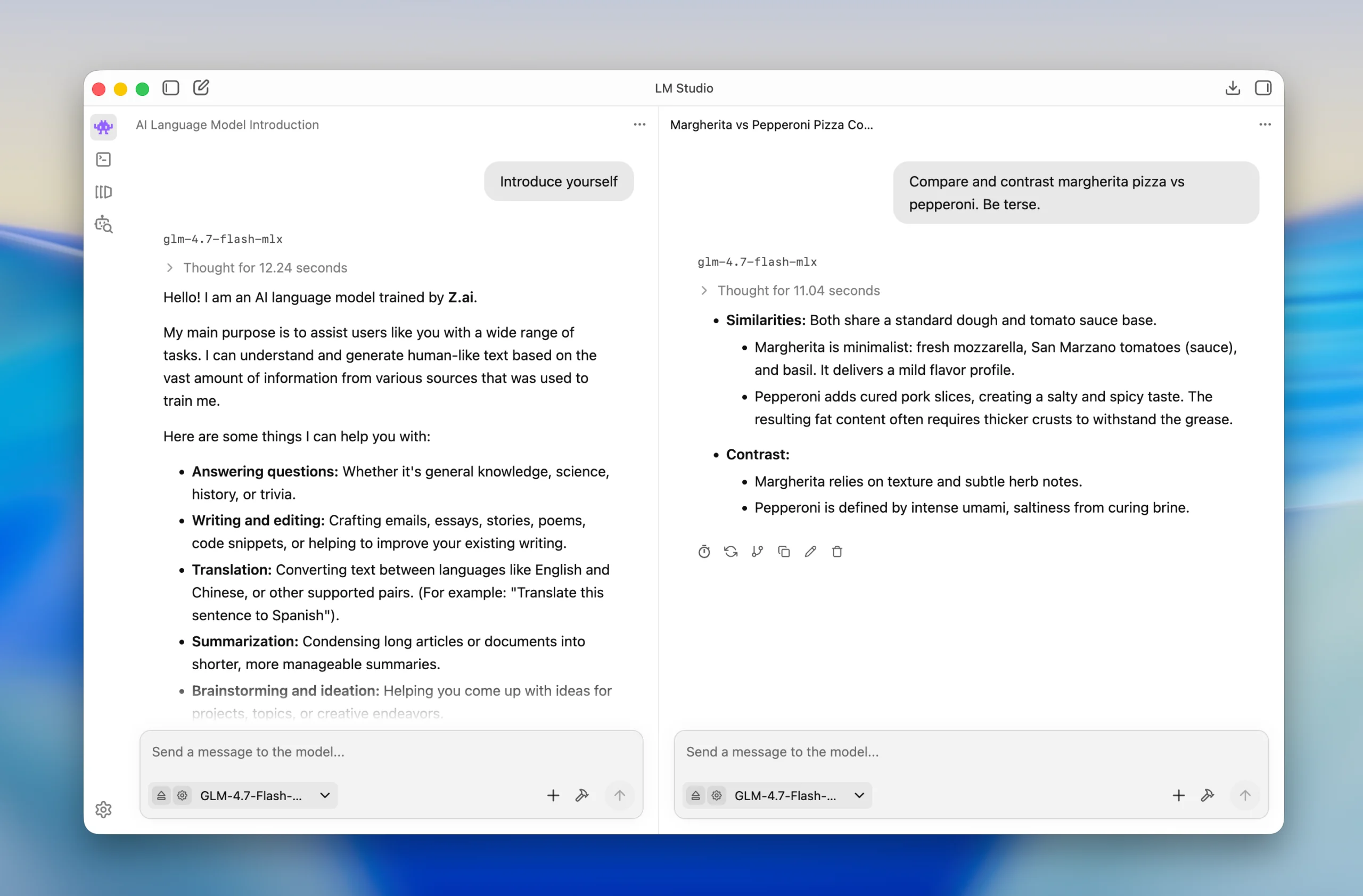 Interface do LM Studio 0.4 com duas conversas de inteligência artificial abertas lado a lado