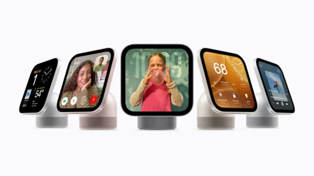 Unidades do Apple HomeView em diferentes cores, com telas mostrando controles e entretenimento