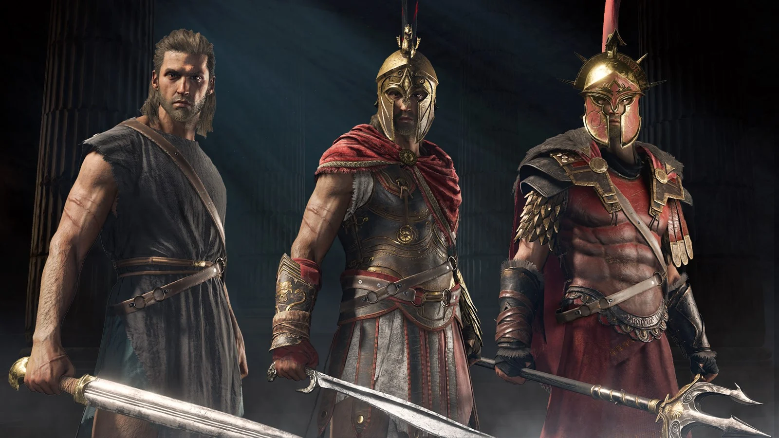 Personagem de Assassin’s Creed Odyssey com três conjuntos diferentes de armadura e espadas