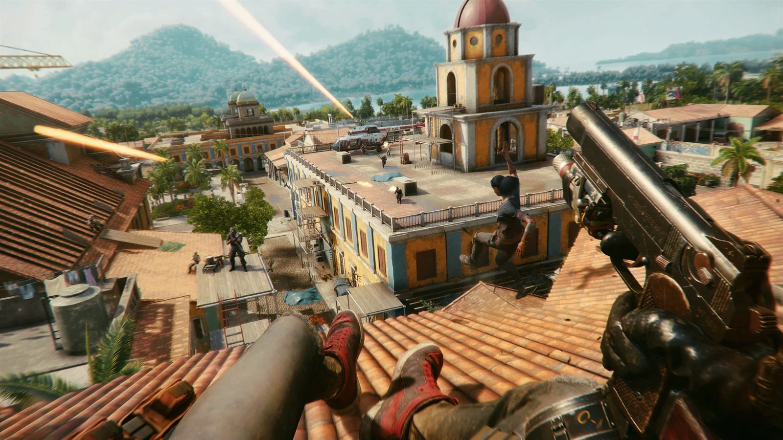 Combate em primeira pessoa sobre os telhados de uma cidade em Far Cry 6