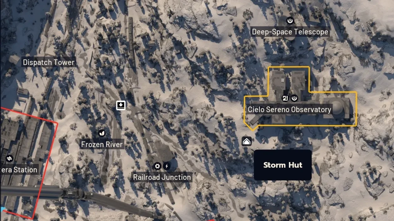 Mapa mostra um ícone de casa identificado como Storm Hut ao sul do Observatório Cielo Sereno.