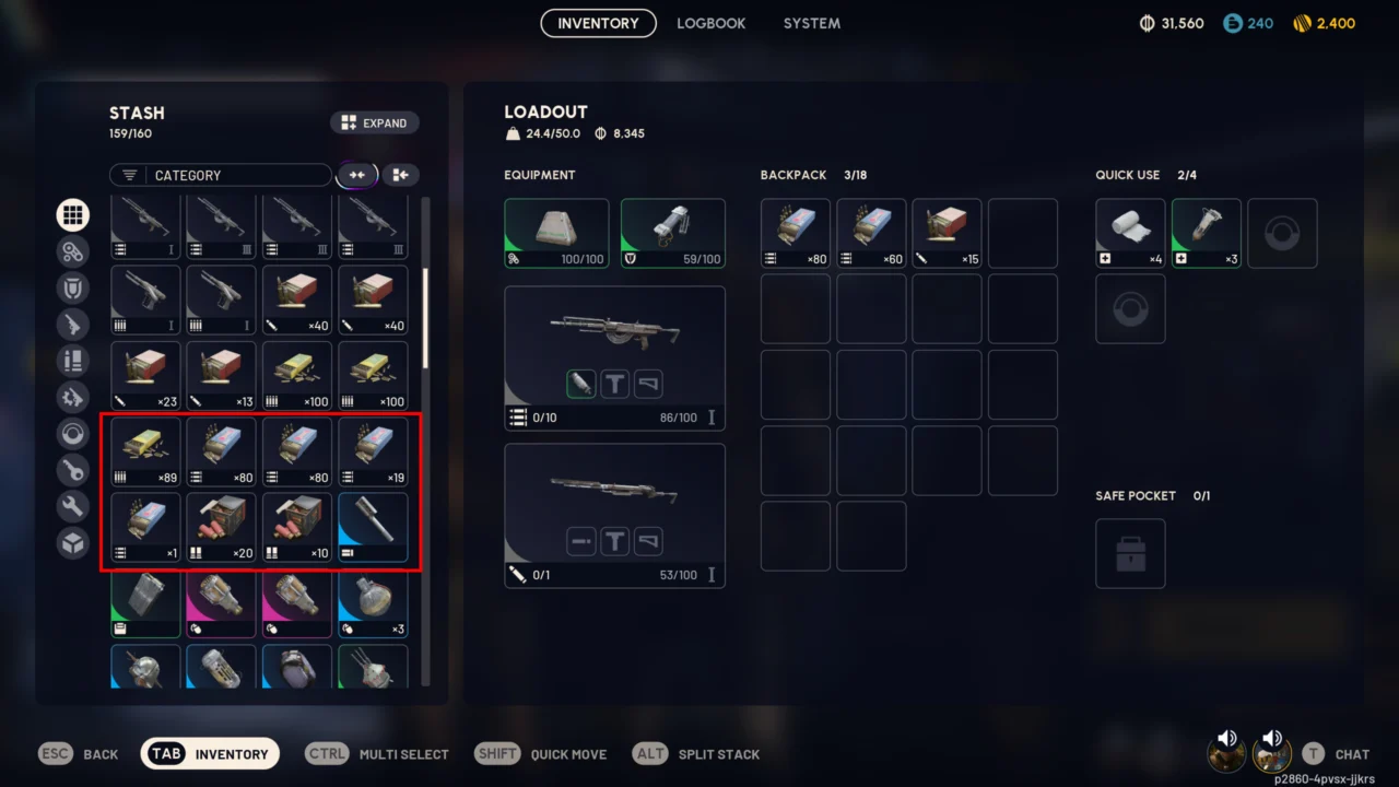 Estoque de armas e itens no inventário de ARC Raiders