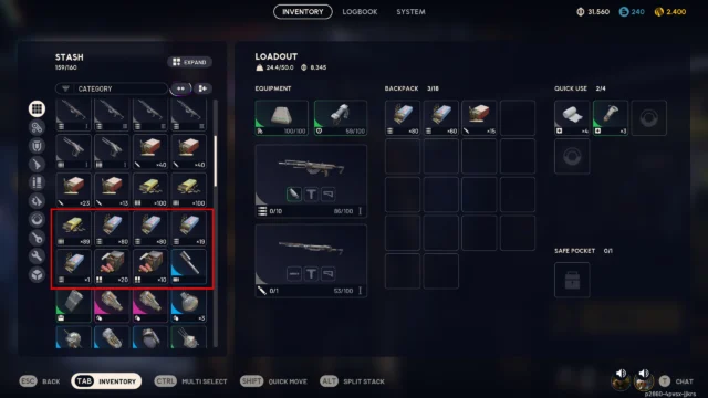 Estoque de armas e itens no inventário de ARC Raiders