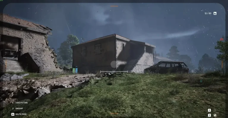 Visor da câmera de ARC Raiders enquadra uma casa de Ruined Homestead para a primeira etapa do Posto Avançado.