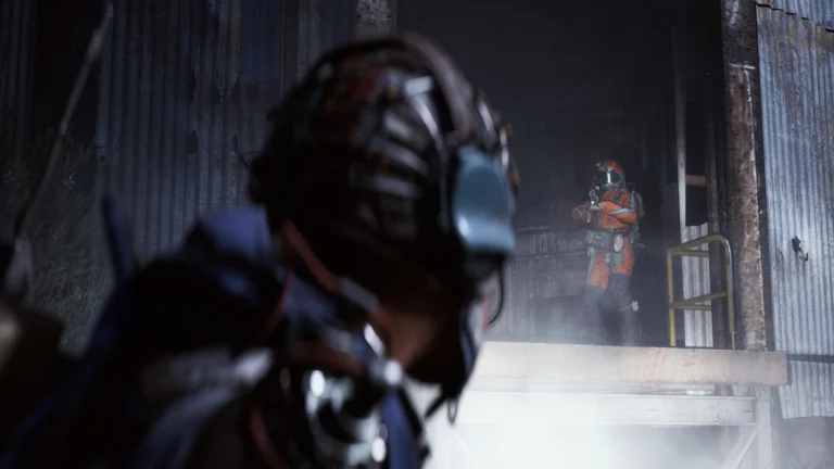 Dois Raiders se encontram em uma instalação escura de ARC Raiders