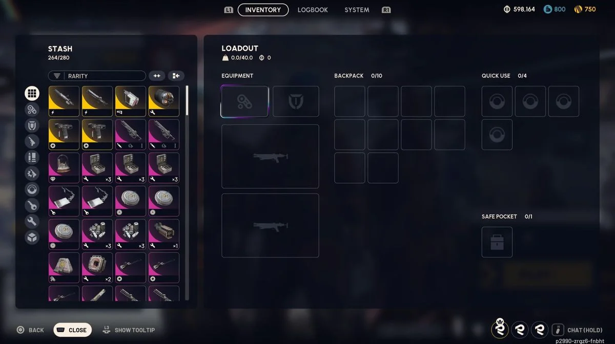 Interface de ARC Raiders mostrando o estoque de Speranza com armas e recursos à esquerda e espaços vazios de equipamento à direita.
