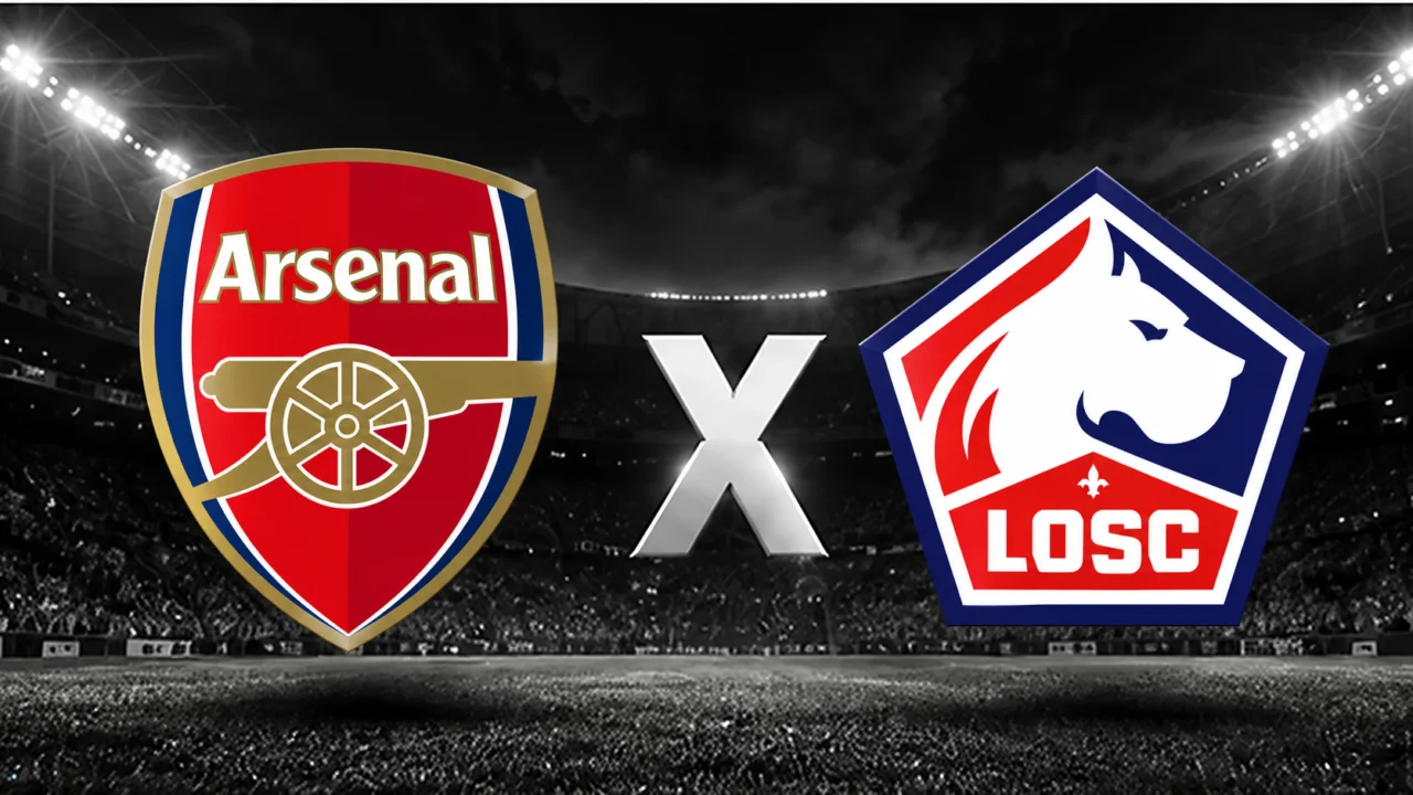 Escudos do Arsenal e do Lille diante de um estádio iluminado, separados por um X.