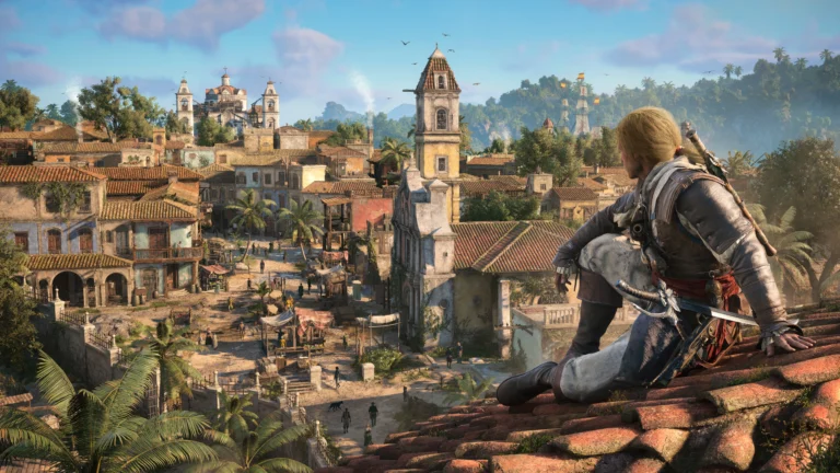 Edward Kenway observa os telhados e construções de uma cidade caribenha em Assassin’s Creed Black Flag Resynced
