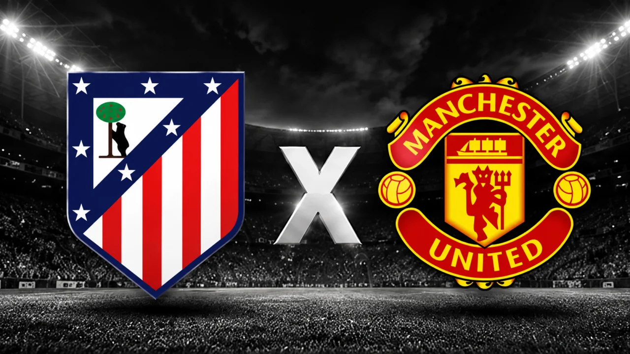 Escudos do Atlético de Madrid e do Manchester United separados por um X em um estádio iluminado.
