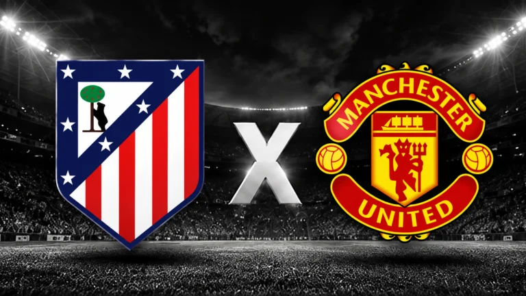 Escudos do Atlético de Madrid e do Manchester United separados por um X em um estádio iluminado.