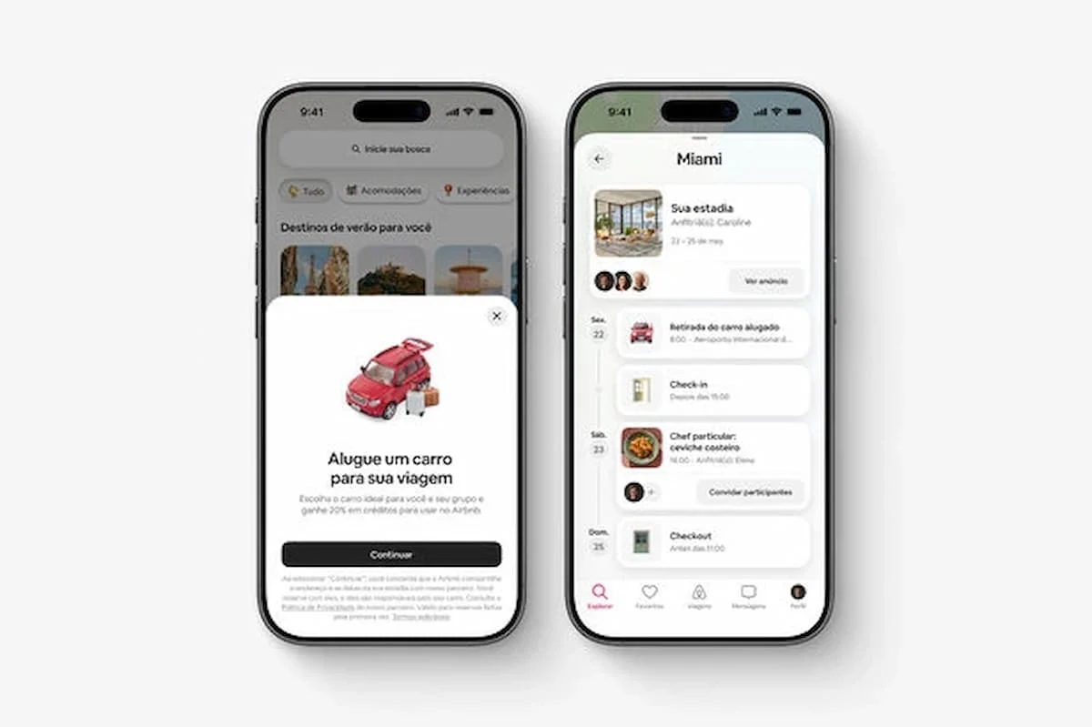 Telas de divulgação do Airbnb mostram convite para alugar um carro e roteiro de viagem