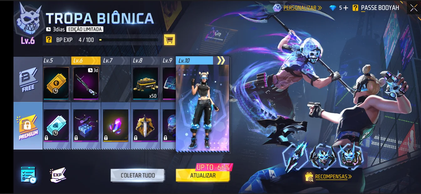 Tela do Passe Booyah do Free Fire com nível, experiência e faixas de recompensas grátis e Premium.