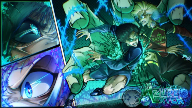 Arte oficial de Azure Latch com jogadores de futebol em poses de ação