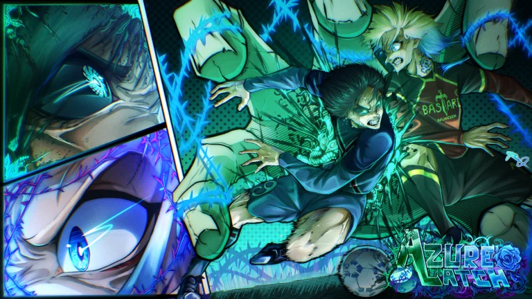 Arte oficial de Azure Latch com jogadores de futebol em poses de ação