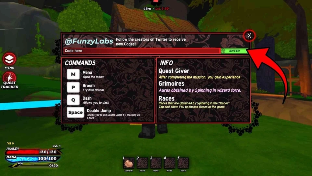 Tela de Clover Origins mostrando o campo Code here dentro do menu de informações, usado para resgatar códigos