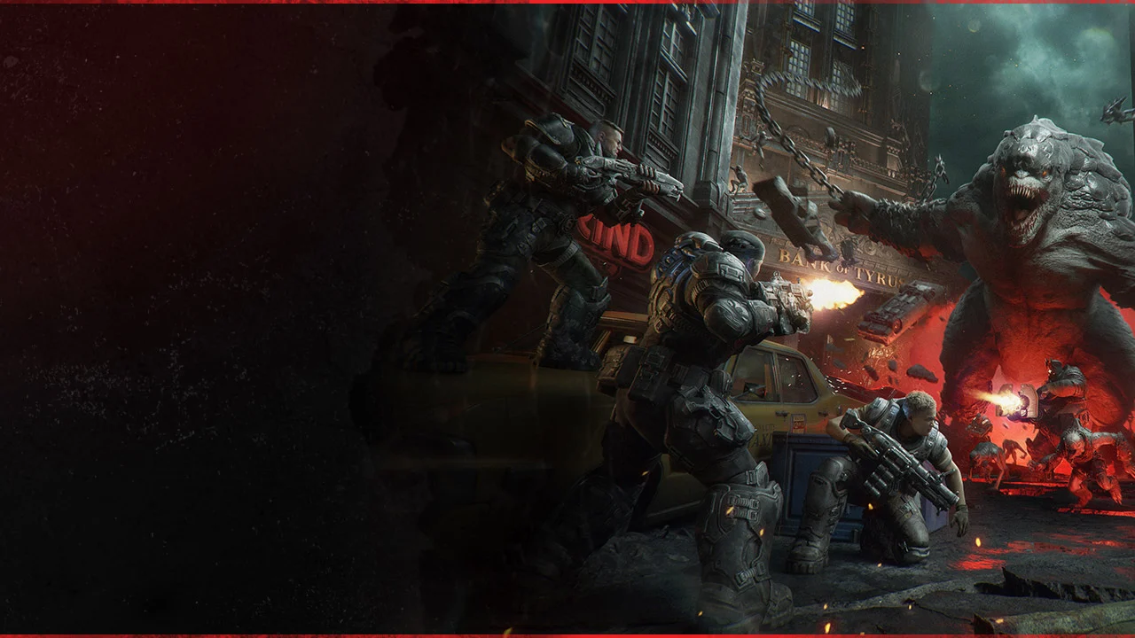 Soldados do Esquadrão Bravo enfrentam Locust em uma esquina de Gears of War E-Day