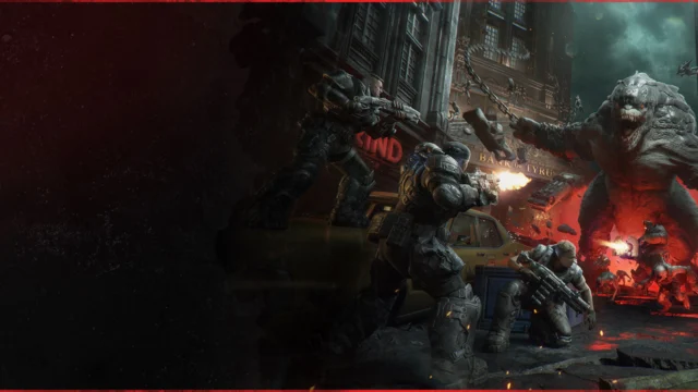 Soldados do Esquadrão Bravo enfrentam Locust em uma esquina de Gears of War E-Day