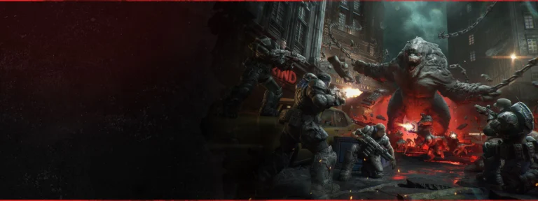 Soldados do Esquadrão Bravo enfrentam Locust em uma esquina de Gears of War E-Day