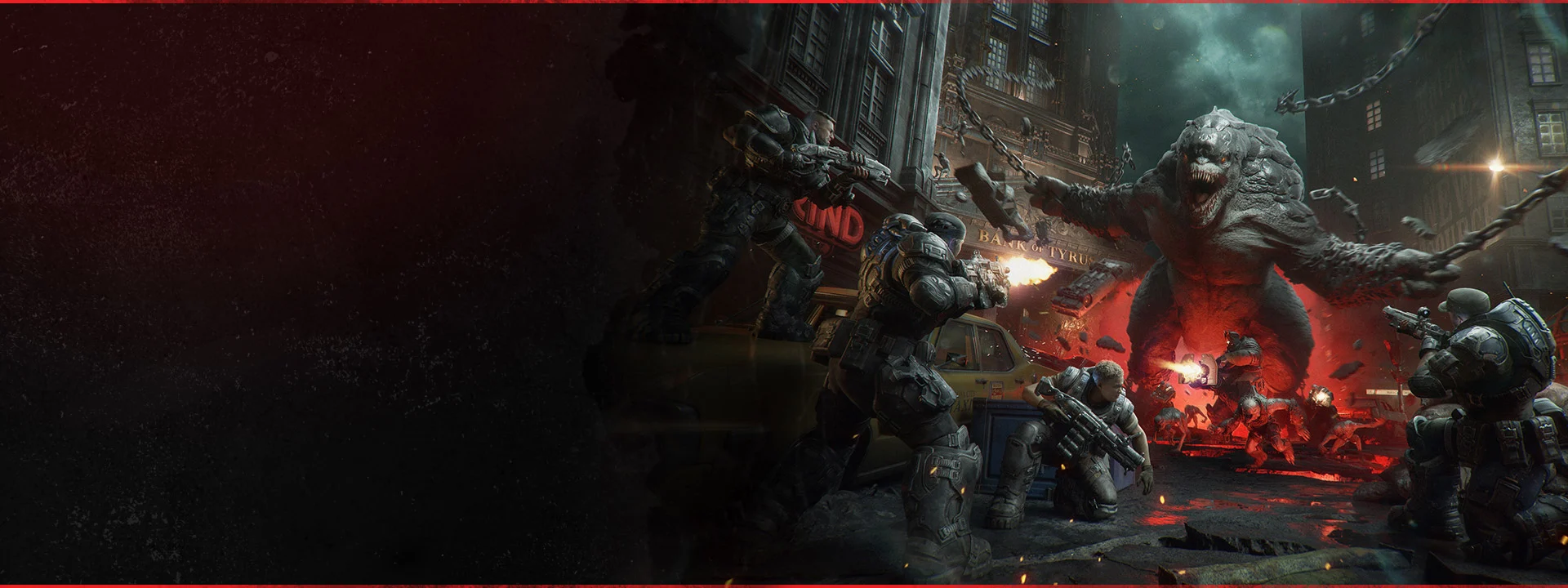 Soldados do Esquadrão Bravo enfrentam Locust em uma esquina de Gears of War E-Day