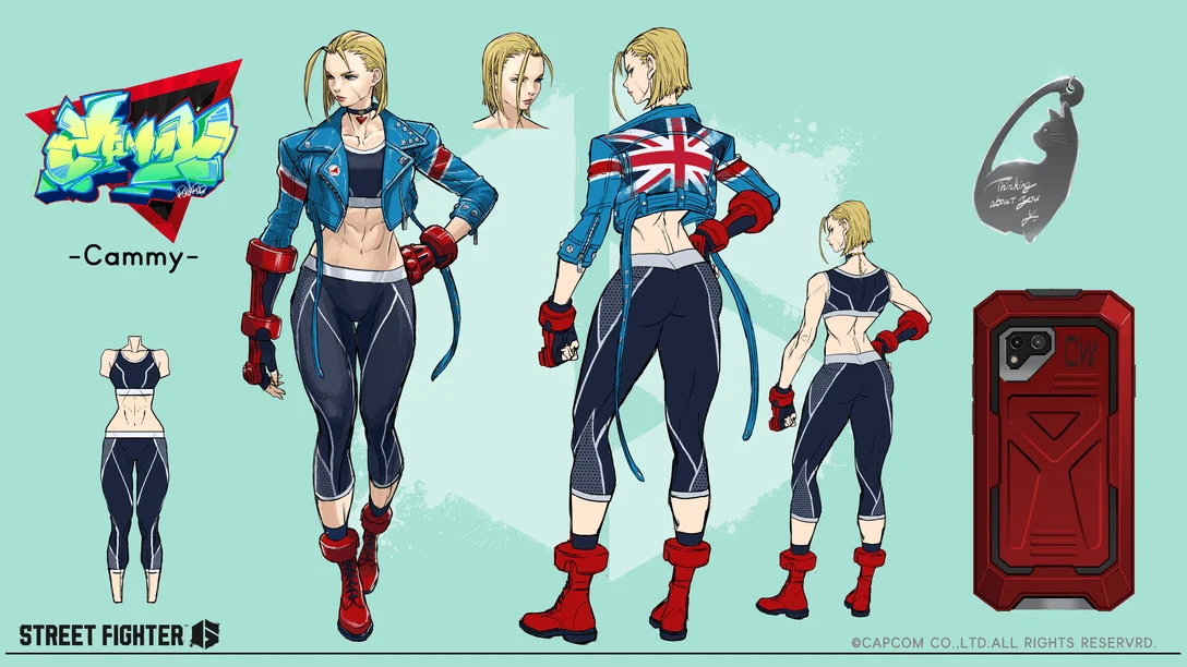 Arte conceitual oficial de Cammy com uniforme azul em Street Fighter 6, de frente e de costas
