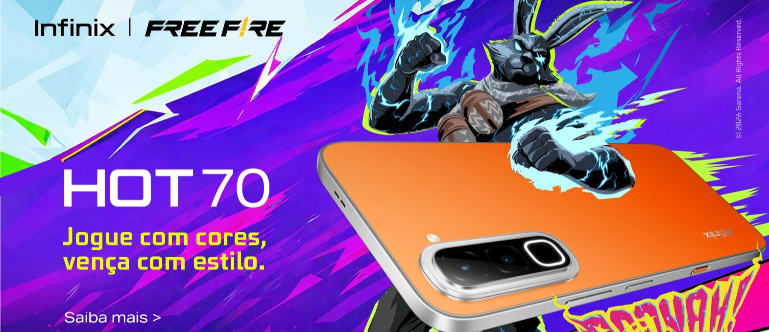 Campanha promocional Infinix HOT 70 em parceria com Free Fire, com identidade visual roxa e verde