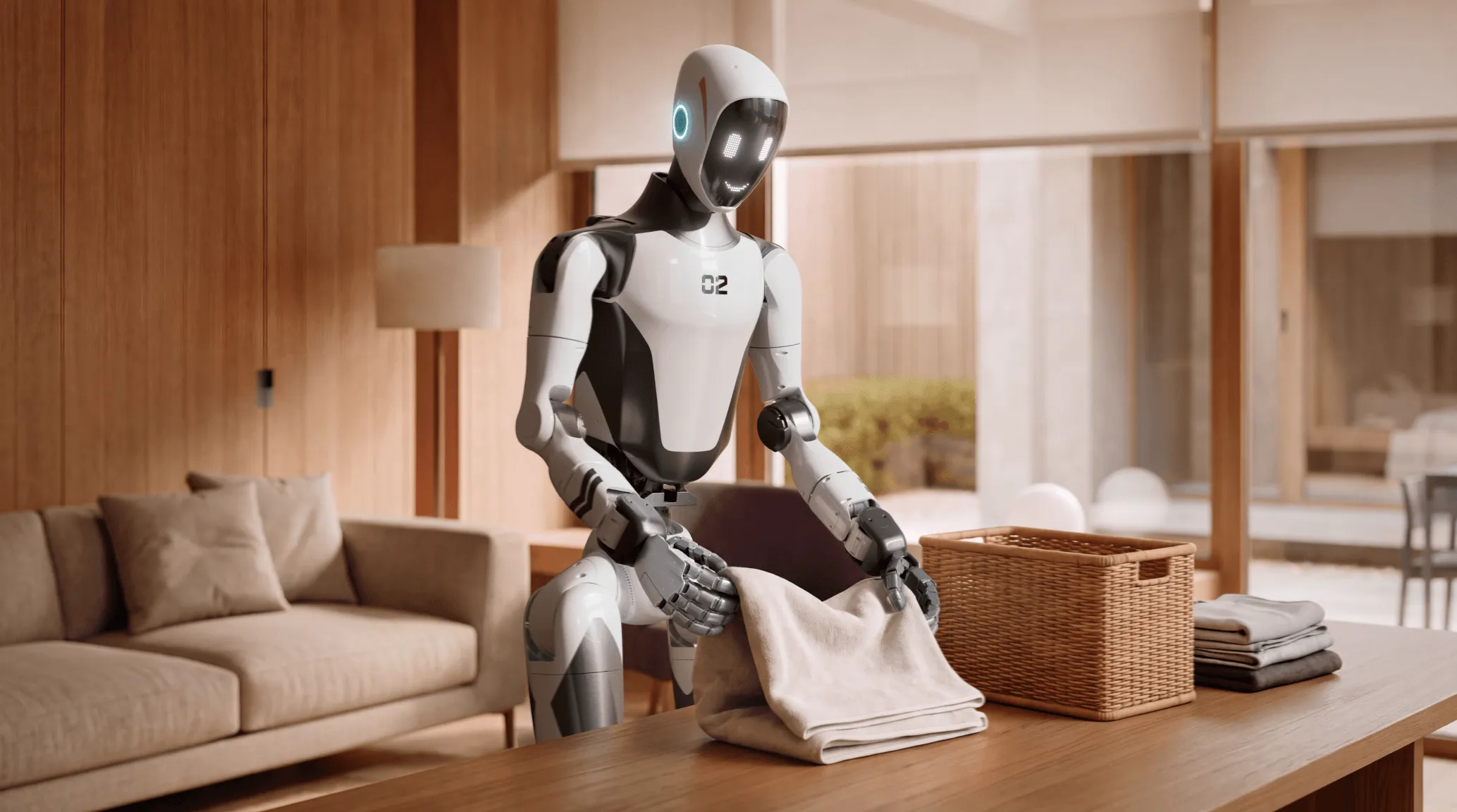 Ilustração promocional do humanoide H2-X realizando uma tarefa doméstica
