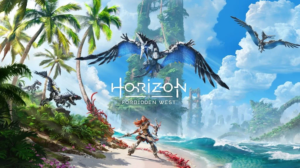 Aloy em uma paisagem tropical diante de máquinas voadoras na arte de Horizon Forbidden West