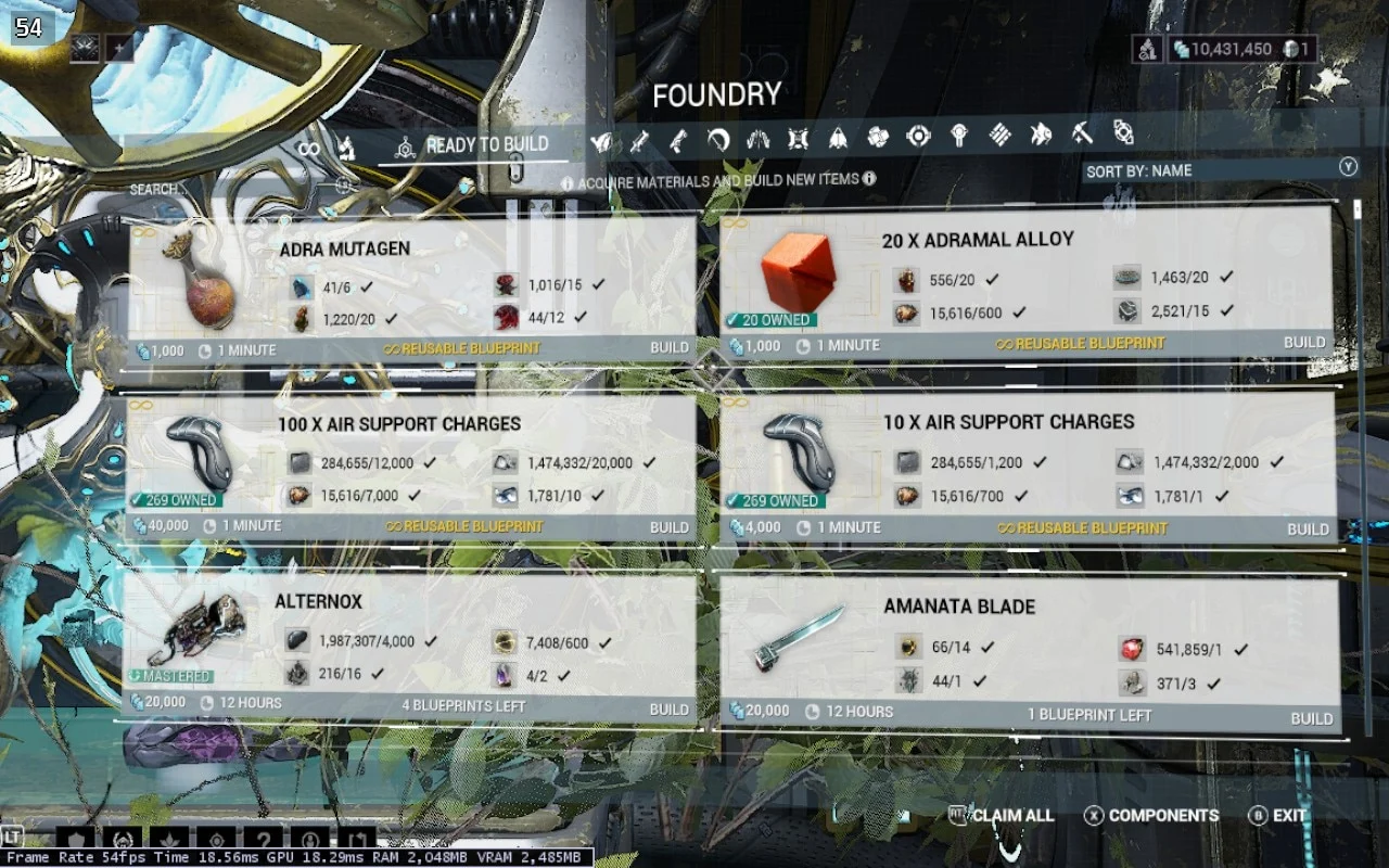 Tela da Forja de Warframe mostrando diagramas reutilizáveis para fabricar 10 e 100 Cargas de Suporte Aéreo