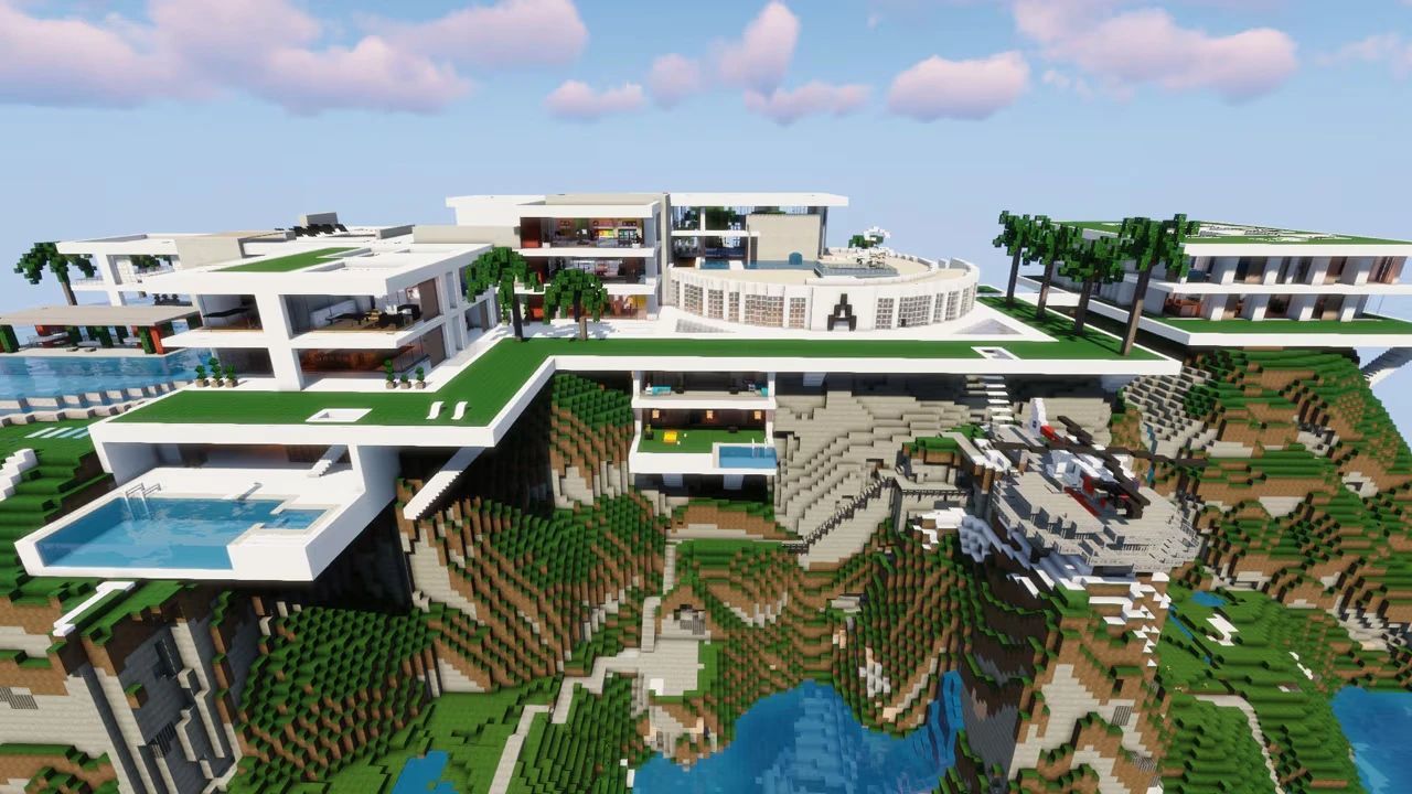Mansão branca de Minecraft com volumes em níveis sobre um terreno elevado