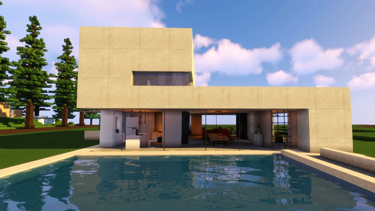 Casa moderna clara com janelas largas e piscina em Minecraft