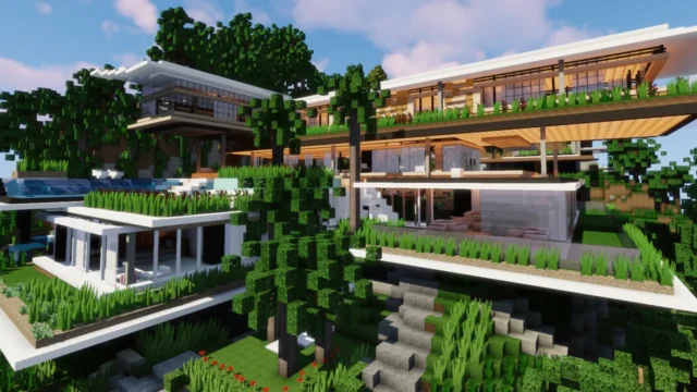 Casa moderna de Minecraft com terraços e vegetação