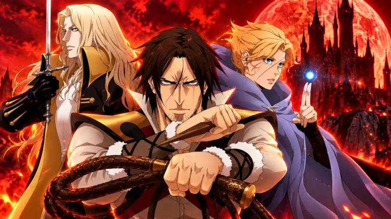 Alucard, Trevor Belmont e Sypha Belnades reunidos em arte da série Castlevania