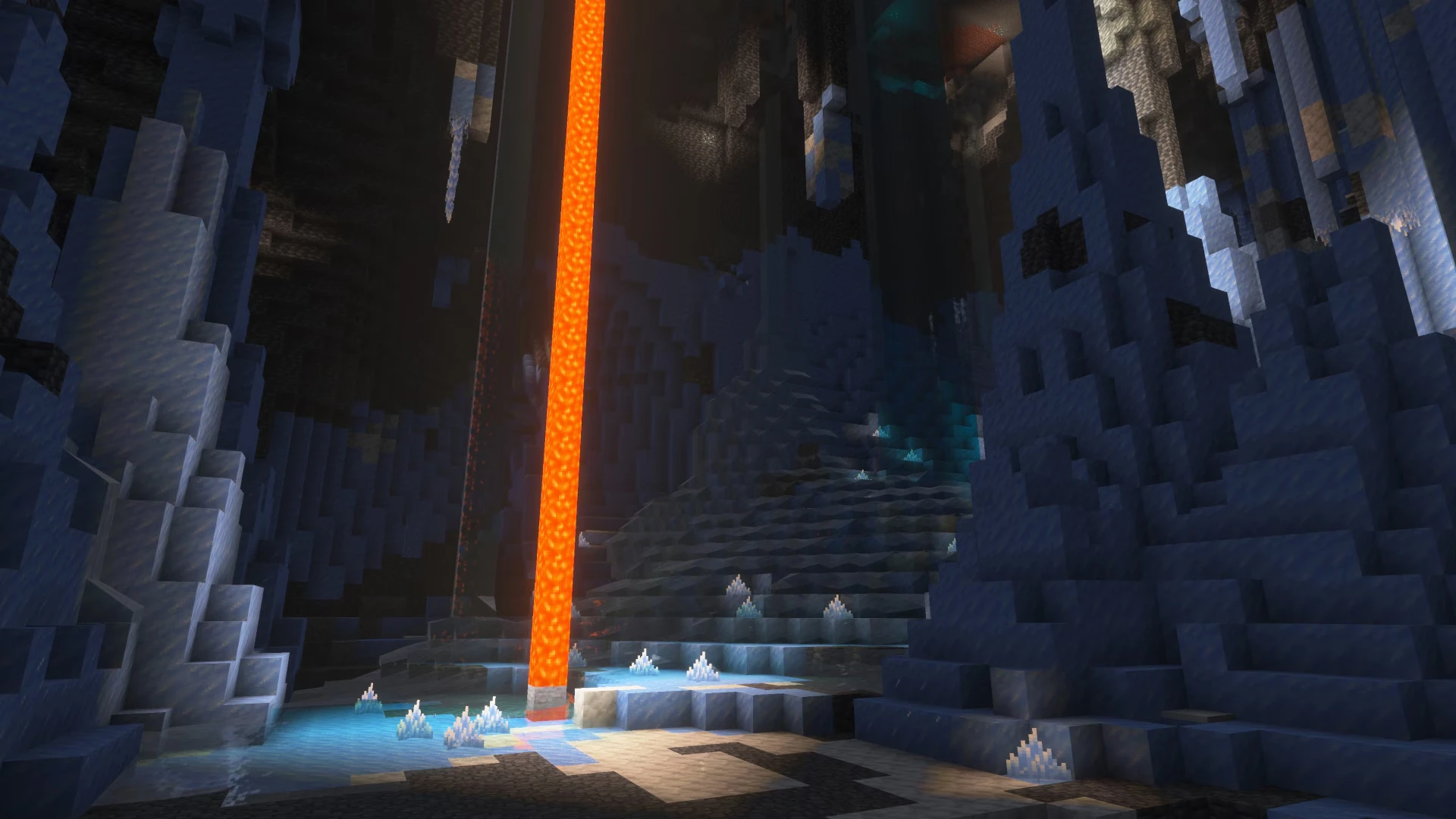 Caverna de gelo azul com passagem subterrânea e lava