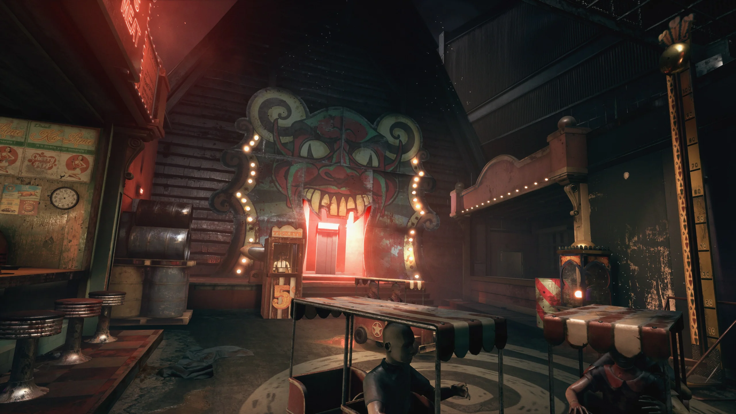 Cenário de parque de diversões abandonado e perturbador em The Outlast Trials