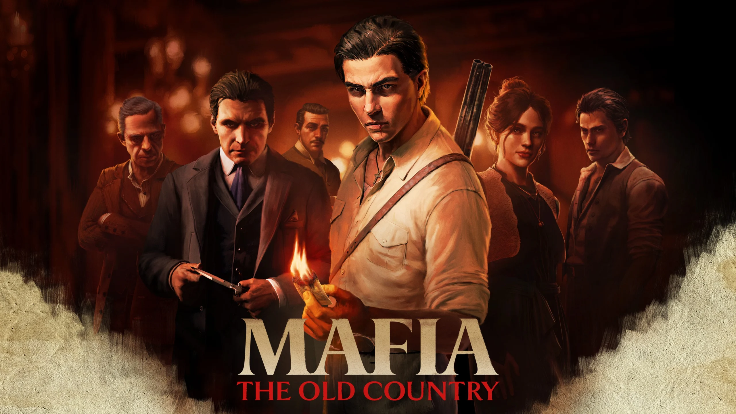 Enzo Favara e outros personagens na arte oficial de Mafia: The Old Country para PS5