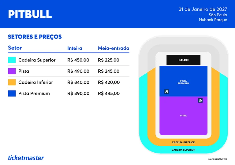 Mapa oficial ilustrativo com pista premium em frente ao palco, pista, cadeira inferior e cadeira superior no show de Pitbull em São Paulo