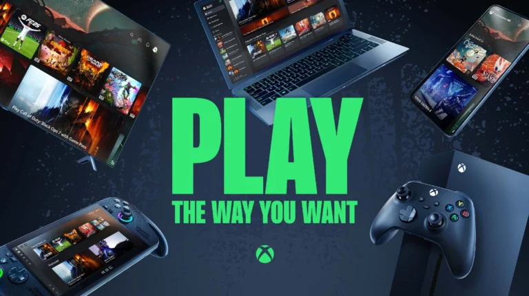 Arte do Xbox Cloud Gaming mostrando jogos em uma TV, notebook, celular e dispositivos portáteis