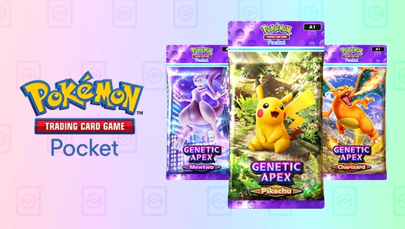 Pacotes de Genetic Apex com Pikachu, Mewtwo e Charizard em Pokémon TCG Pocket