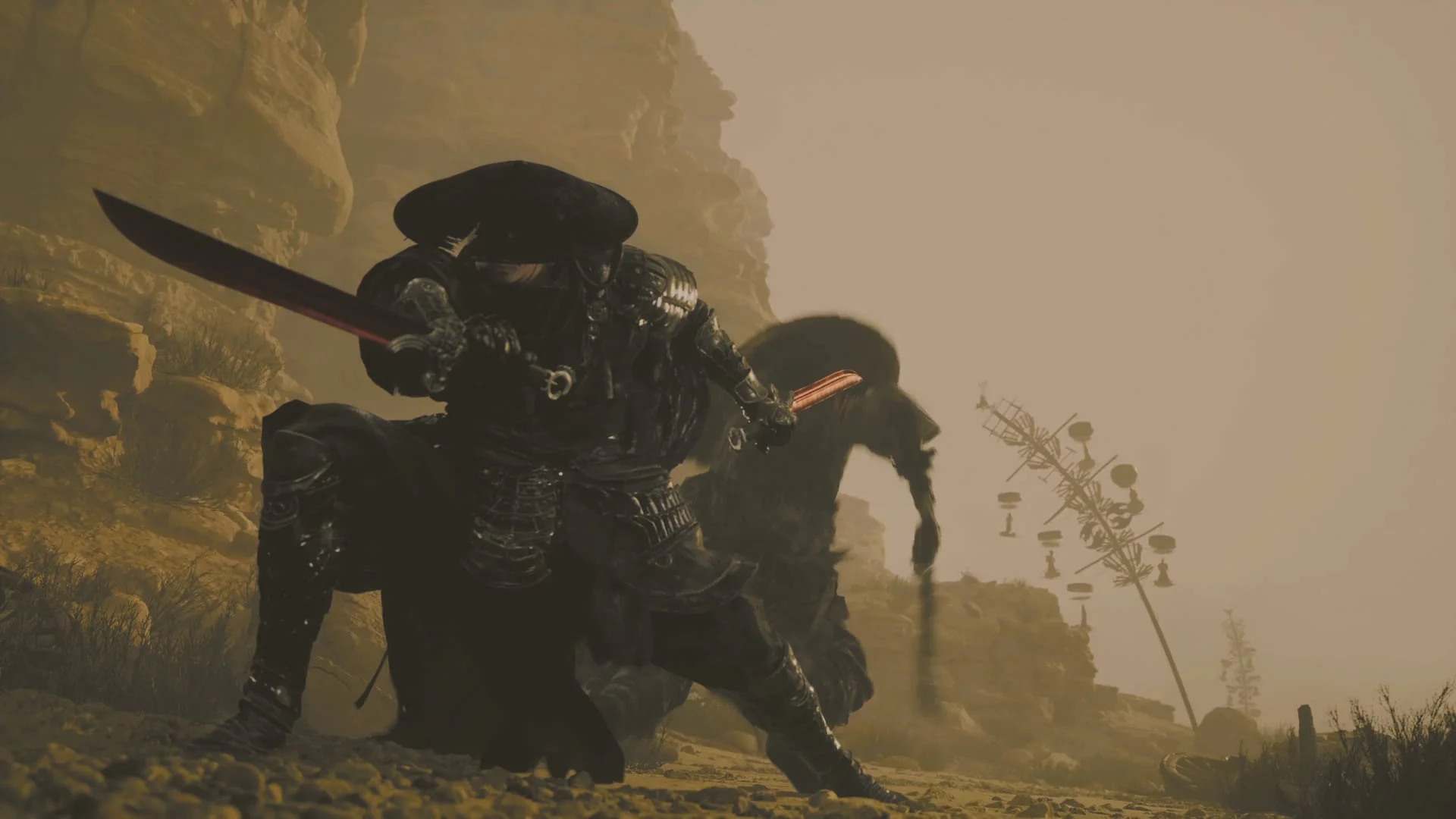 Soul se prepara para enfrentar outro guerreiro em uma área aberta de Phantom Blade Zero