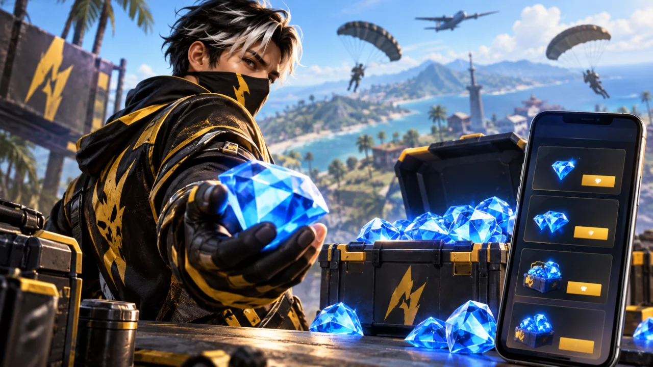 Ilustração de personagem do Free Fire com diamantes e interface de compra em celular