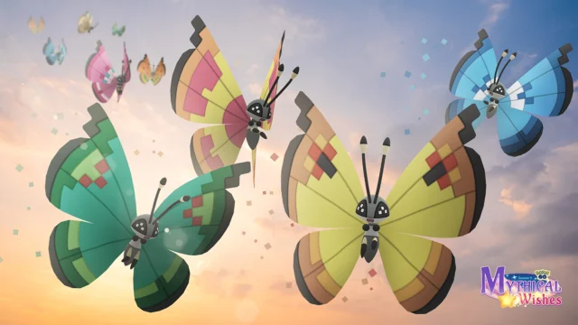 Diferentes padrões de Vivillon em arte oficial da mecânica de cartões-postais de Pokémon GO