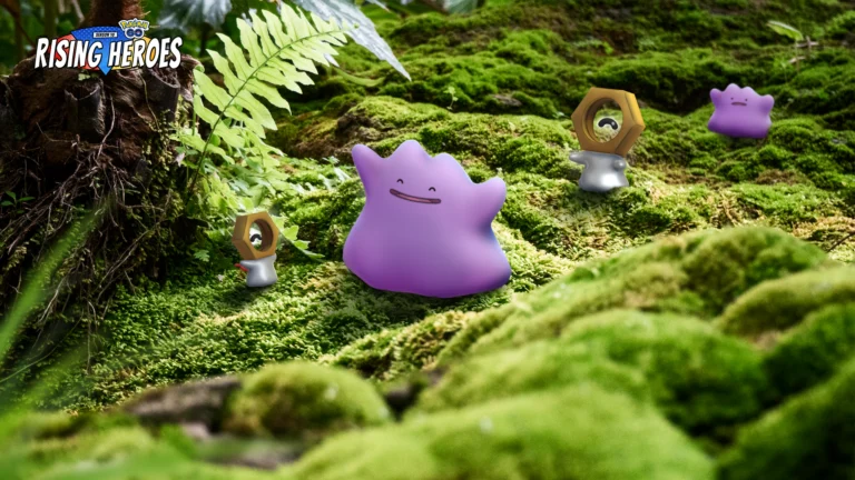 Ditto e Meltan em uma área coberta de musgo na arte oficial do evento Let’s GO de 2023